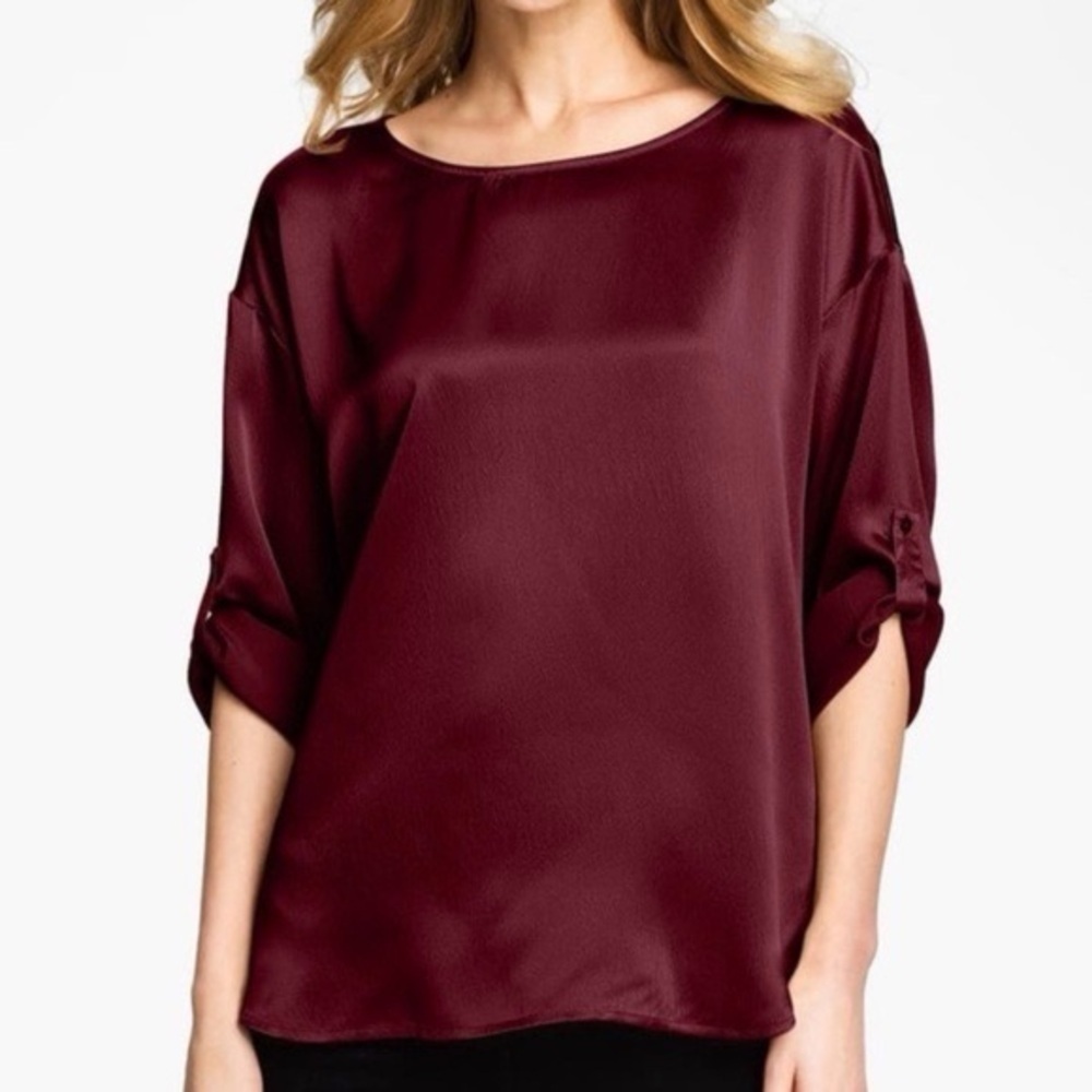 EILEEN FISHER Silk Satin Dark Tulip Hammered Ballet Neck Top Blouse XS  $218
